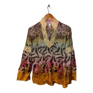 Boho Western Telluride Silk Shirt Top & Maxi Skirt Crochet M